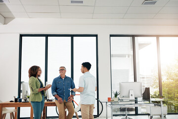 Fototapeta premium Creative, people and meeting in office with ideas, discussion or graphic design plan for mentorship. Manager, employees and talk in workplace with designer advice, training insight or project update.