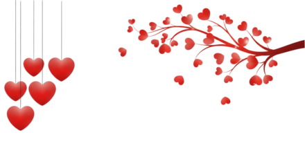 Red hearts hanging from a tree branch on a black background