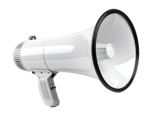 White megaphone cutout, front view isolated on transparent background, clean product style for announcement, promotion, education, and corporate communication visuals.