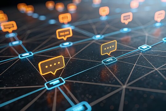 Digital Connections: Visualize a network of digital communication, with glowing speech bubble icons connecting across an intricate web, symbolizing the essence of global communication - Powered by Adobe