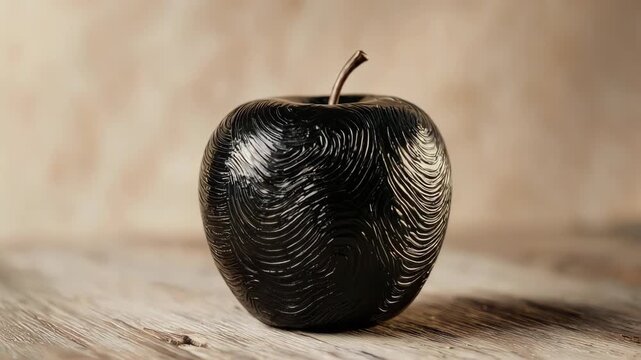 Glossy black apple sculpture with a textured surface, on a wooden table