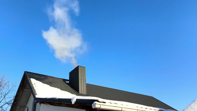 Winter Home Smoke Plume against Clear Blue Sky