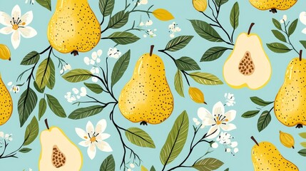 A vibrant pattern featuring pears intertwined with delicate flowers.