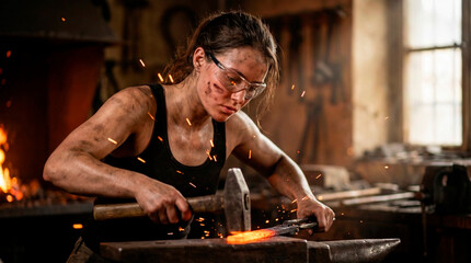 A young woman is working in a blacksmith's shop, and sparks are flying all around her.