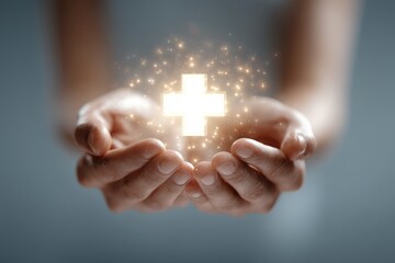 hands offering a glowing medical cross symbol