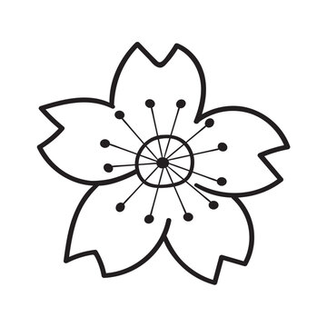 Sakura Blossom. Outline Vector Minimalist Art Icon. Hand Drawn Design on White Background.