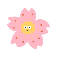 Cute Sakura with Face. Vector Happy Cherry Blossom Flower Character. Kids Minimalist Flat Illustration on White Background