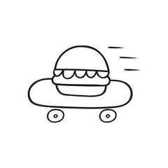 Burger on Skateboard Delivery. Fast Food Vector Outline Illustration on White Background.