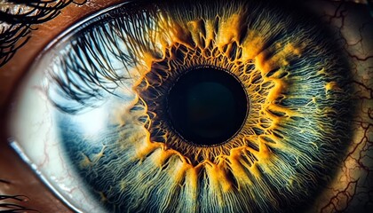 A striking close-up of a human eye illuminated by vibrant light.