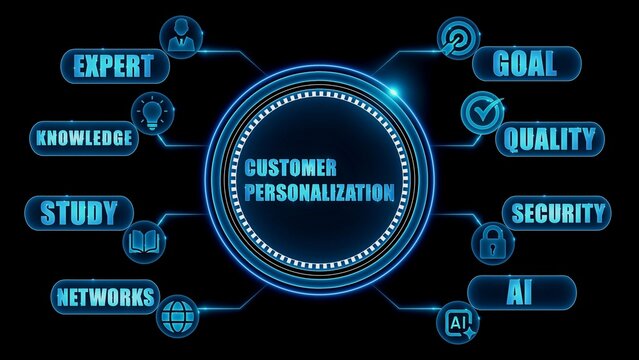 Customer personalization concept with blue neon connections and on black background expert