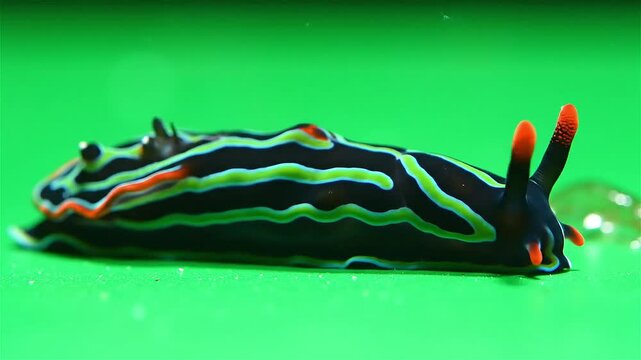 A vibrant black and green striped sea slug with orange rhinophores against a bright green background, showcasing its intricate patterns.
