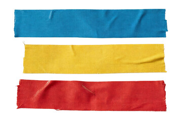 Three horizontally arranged colored fabric tapes (blue, yellow, red) on a plain white background. Textured, slightly wrinkled appearance, isolated for design and supply contexts.