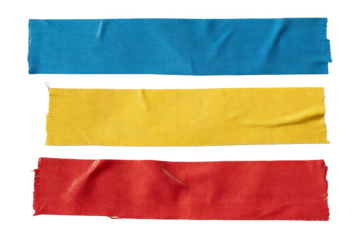 Three horizontally arranged colored fabric tapes (blue, yellow, red) on a plain white background. Textured, slightly wrinkled appearance, isolated for design and supply contexts.