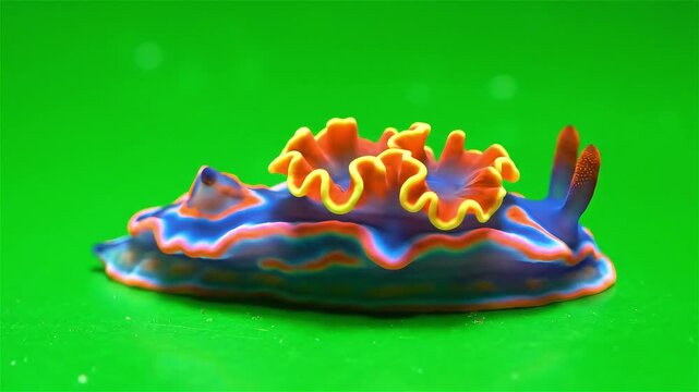 A vibrant blue nudibranch with orange and pink patterns and ruffled gills on a green background.