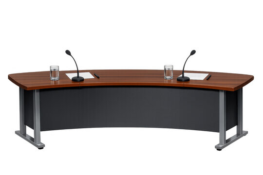 Conference desk with microphones and podium accessories, ready for press briefing or public speaking event, transparent background