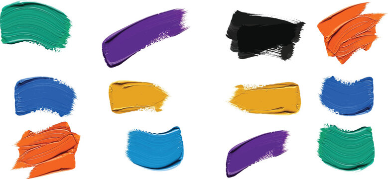 Set of colorful thick oil paint strokes collection isolated on transparent background
