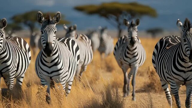 A captivating wide-angle shot of a majestic herd of zebras moving gracefully through the golden dry grass of the African savanna, showcasing their iconic stripes in the vast wilderness