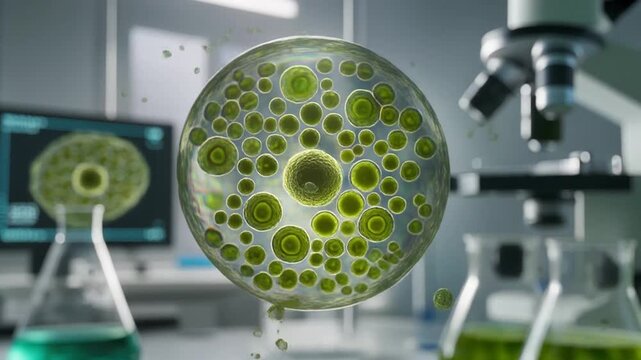 Microscopic view of green algae cells floating in laboratory with a microscope and computer screen in the background, used for scientific research