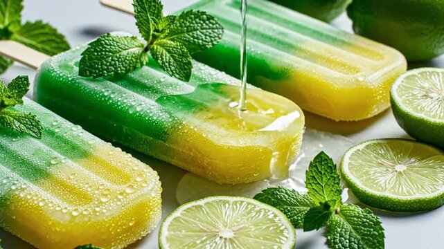 Refreshing summer treats with lime and mint on a white surface