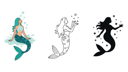 Fototapeta premium A colorful illustration of mermaids in different styles and colors.
