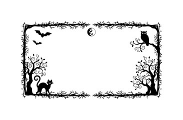 Halloween Border with Cat, Bat, and Owl