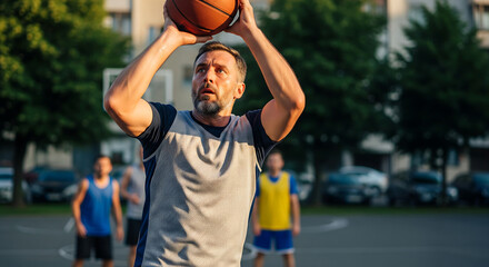 Man preparing to shoot a basketball on an outdoor court with players in the background.