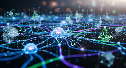 Digital neural network with glowing nodes and colorful connections on dark background