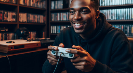Person smiling while playing a retro video game in a room with shelves full of game cases.