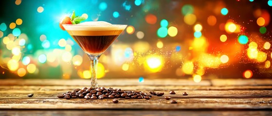 Festive Espresso Martini Cocktail with Coffee Beans and Sparkling Bokeh Lights