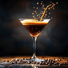 Dynamic Espresso Martini Cocktail Splash on Dark Background with Coffee Beans