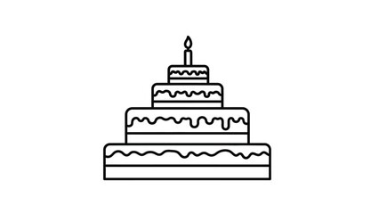 Simple line art icon depicting a tiered celebration cake featuring delicious frosting drips and a single burning candle ready for a birthday wish