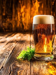 Refreshing Craft Beer Pint with Foam on Rustic Wooden Table and Hops