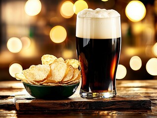 Refreshing Dark Beer and Crispy Potato Chips on Wooden Bar Counter with Golden Bokeh Lights