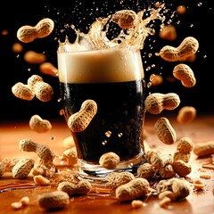 Dynamic Dark Beer Splash with Flying Peanuts - Refreshing Pub Snack
