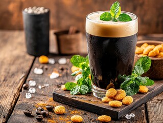 Refreshing Dark Coffee Drink with Mint and Snacks on Rustic Wooden Table
