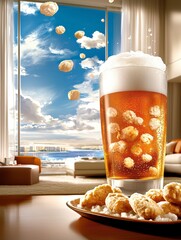 Refreshing Beer with Crispy Fried Snacks in Modern Luxury Apartment with Ocean View