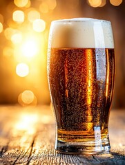 Golden Lager Beer in Glass on Wooden Table with Festive Bokeh Background