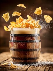 Exploding Beer Barrel with Nacho Chips and Salt Splash &ndash; Dynamic Pub Snack Scene