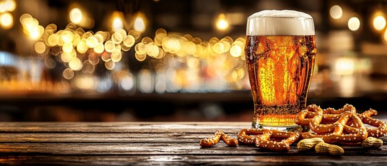 Golden Beer Pint and Salty Pretzels on Rustic Bar Table with Bokeh Lights