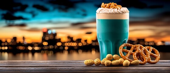 Festive Oktoberfest Beer Mug with Pretzels and Peanuts Against City Sunset Skyline