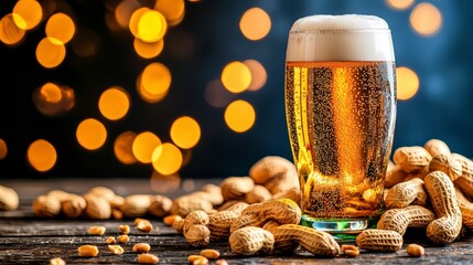 Refreshing Craft Beer and Salty Peanuts with Festive Bokeh Background