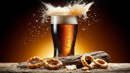 Dynamic Beer Splash with Salty Pretzels on Rustic Wood &ndash; Oktoberfest Celebration