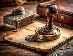 Vintage desk scene shows a stamp, inkwell and aged parchment