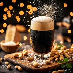 Dark Beer and Salted Peanuts with Festive Bokeh Lights on Rustic Board