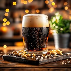 Refreshing Dark Beer Pint with Foamy Head and Roasted Peanuts in Cozy Bar Setting