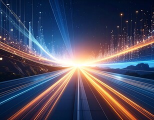 Futuristic highway with light trails converging towards a bright light source