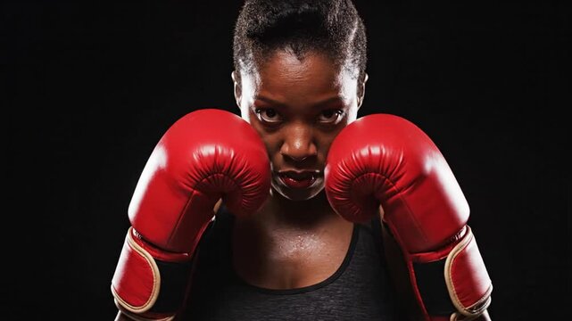 Close-up of a determined Black woman wearing red boxing gloves, ready for a fight against a dark background