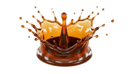 Liquid splash of amber brown coffee or tea forming a crown shape with a central droplet on a transparent background for food and beverage design