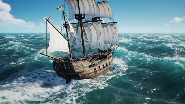 Ancient sailing ship navigating through rough ocean waters under a cloudy sky