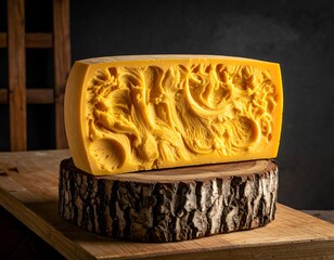 A large, textured block of cheese displayed on a wooden platform